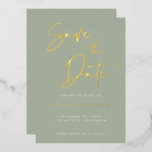 Modern Sage Green Calligraphy Wedding Gold<br><div class="desc">Modern Sage Green Gold Foil Pressed Calligraphy Script Wedding Save the Date Card with real gold foil. Change foil colour to rose gold or silver if you like. Use the design tool to change the background colour or text colour of this wedding invitation.</div>
