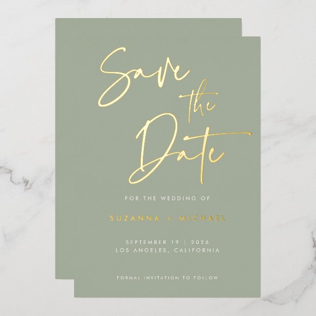 Modern Sage Green Calligraphy Wedding Gold (Front/Back)