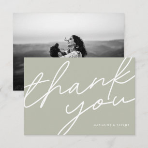 Modern Sage Green Calligraphy Wedding Photo Thank You Card