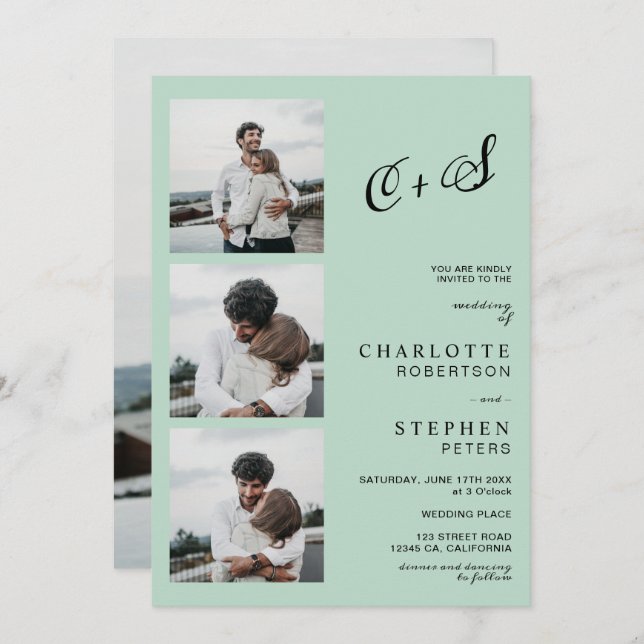 Modern sage green casual initials photo wedding invitation (Front/Back)