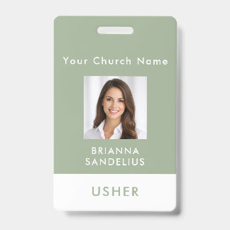 Modern Sage Green Church Usher Photo ID Badge