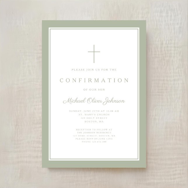 Modern Sage Green Cross Boy Confirmation Invitation (Modern Sage Green Cross Boy Confirmation Invitation)