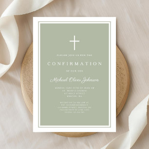 Modern Sage Green Cross Boy Confirmation Invitation