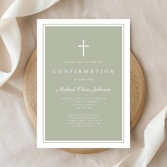 Modern Sage Green Cross Boy Confirmation Invitation (Modern Sage Green Cross Boy Confirmation Invitation)