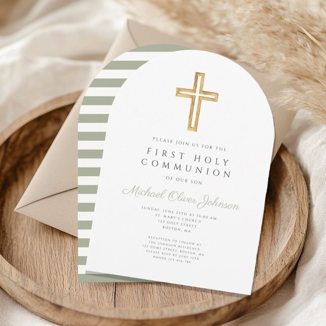 Modern Sage Green Cross First Communion Arch Invitation (Modern Sage Green Cross First Communion Arch Invitation)