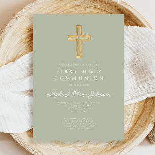 Modern Sage Green Cross Religious First Communion Invitation