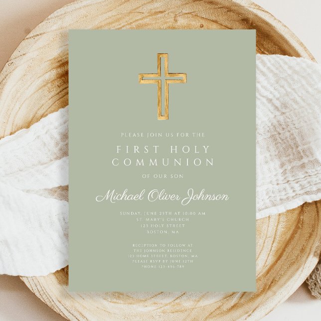 Modern Sage Green Cross Religious First Communion Invitation (Modern Sage Green Cross Religious First Communion Invitation)