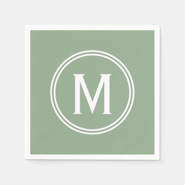Modern Sage Green Custom Round Framed Monogram Napkin (Front)