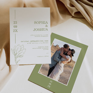 Modern Sage Green Date Line Photo Floral Wedding Invitation
