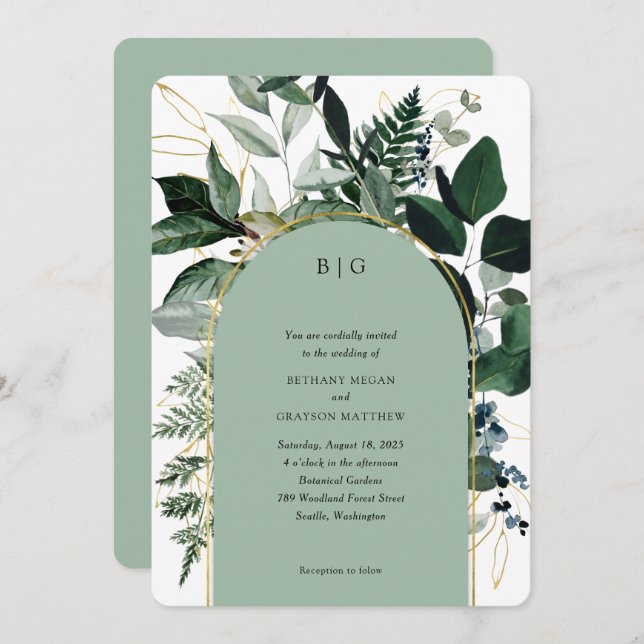 Modern Sage green elegant arch garden Invitation (Front/Back)