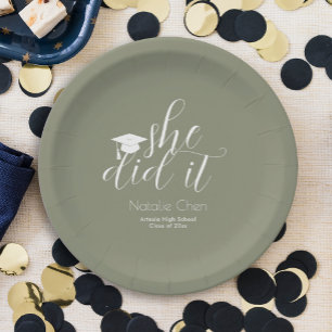 Modern Sage Green Elegant Fonts Graduation Paper Plate