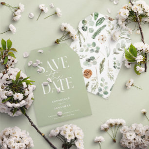 Modern sage green elegant watercolor botanical save the date