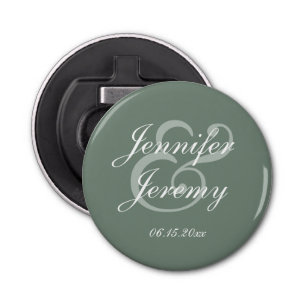 Modern Sage Green Elegant White Script Wedding Bottle Opener