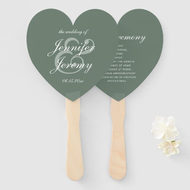 Modern Sage Green Elegant White Script Wedding Hand Fan (Front and Back)