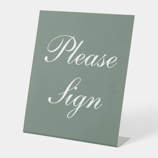 Modern Sage Green Elegant White Script Wedding Pedestal Sign (Front)