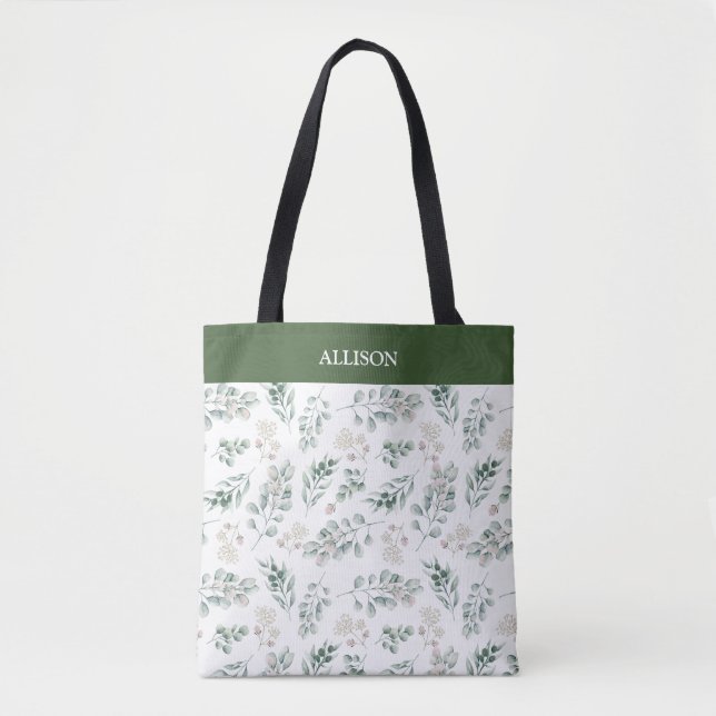 Modern Sage Green Eucalyptus Personalised Tote Bag (Front)