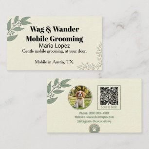 Modern Sage Green Eucalyptus Pet Photo QR Code Business Card