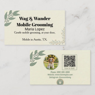 Modern Sage Green Eucalyptus Pet Photo QR Code Business Card