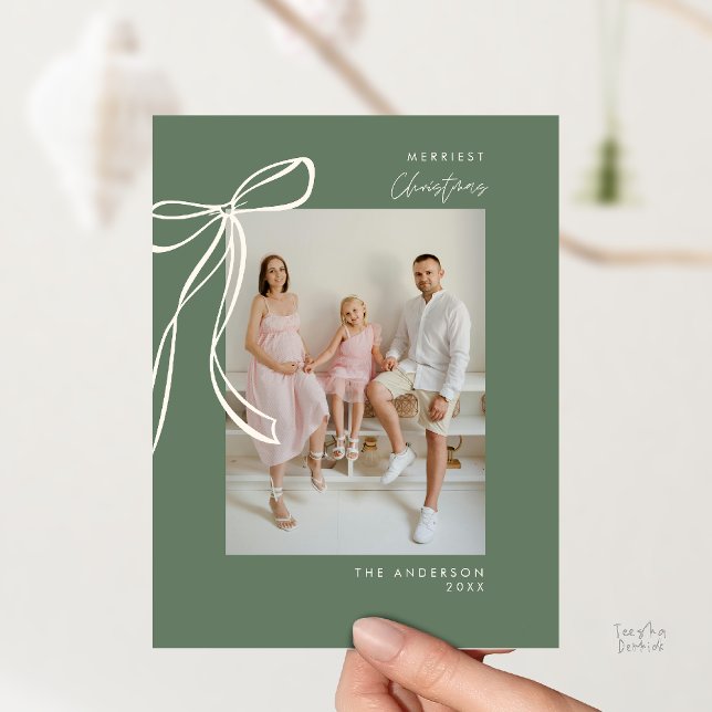Modern Sage Green Family Photo Christmas Greeting Postcard (Modern Cream Bow Family Photo Christmas Minimalist Sage Green Greeting Postcard)