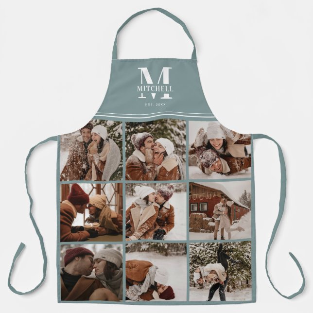 Modern Sage Green Family Photo Collage | Monogram Apron (Front)