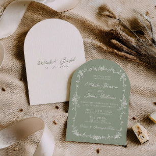 Modern Sage Green Floral Botanical Arched Wedding Invitation