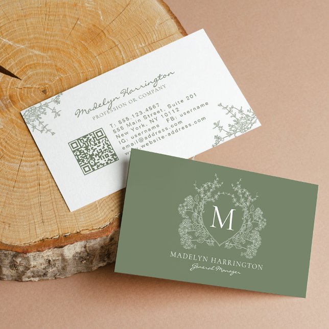 Modern Sage Green Floral Crest Monogram QR Code Business Card (Creator Uploaded)
