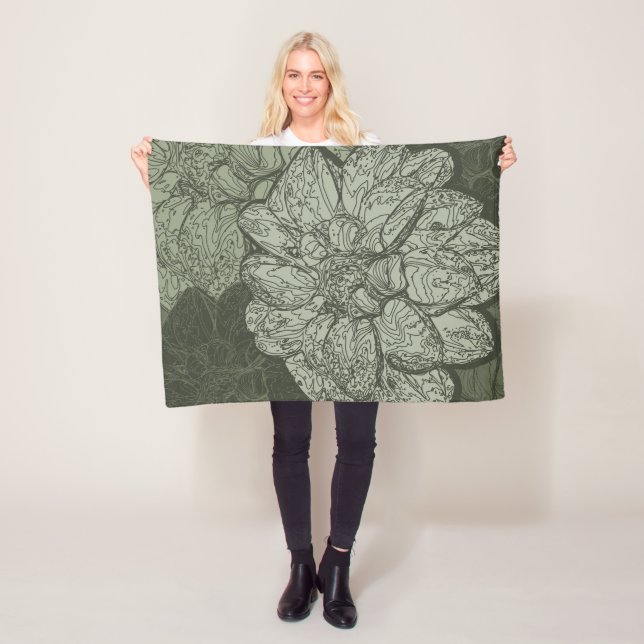 Modern Sage Green Floral Dahlia Pattern Fleece Blanket (In Situ)