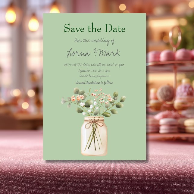 Modern Sage Green Flower Jar Save The Date Card (Creator Uploaded)