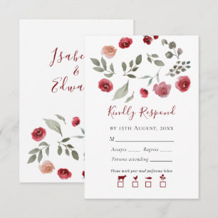 Modern Sage Green Foliage Burgundy Floral  RSVP Ca Card