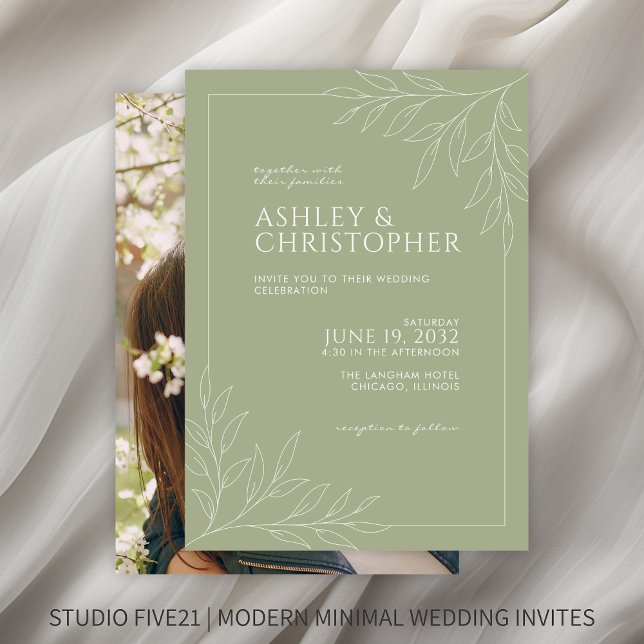 Modern Sage Green Foliage Outline Photo Wedding Invitation (Creator Uploaded)