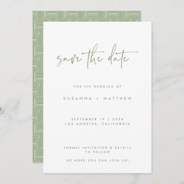 Modern Sage Green Geometric Pattern Script Wedding Save The Date (Front/Back)