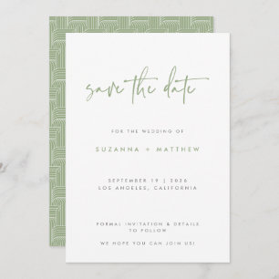 Modern Sage Green Geometric Pattern Script Wedding Save The Date