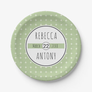 Modern sage green geometric typography wedding paper plate