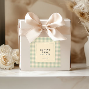 Modern Sage Green Gingham Baby Shower Collection Square Sticker