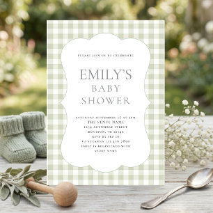 Modern Sage Green Gingham Baby Shower Invitation