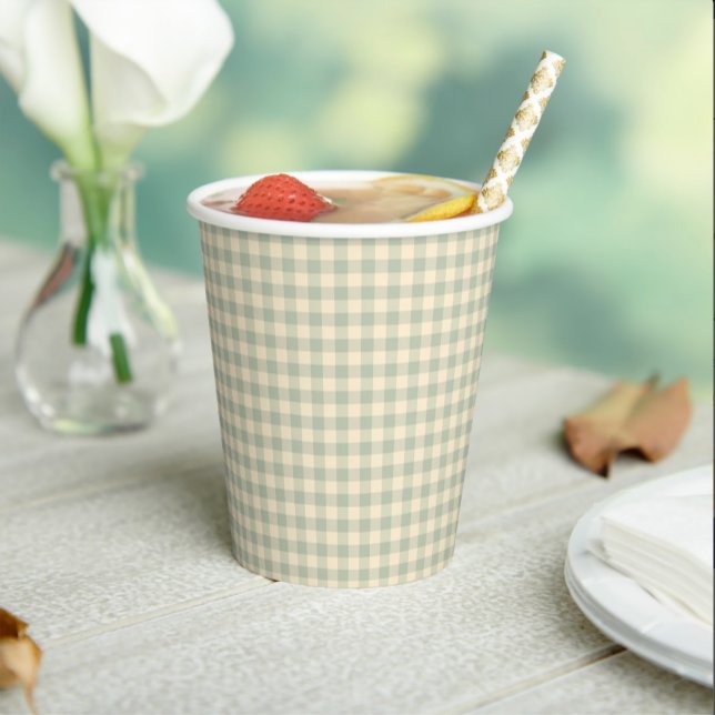Modern Sage Green Gingham Baby Shower  Paper Cups (Gingham Baby Shower Paper Cup)