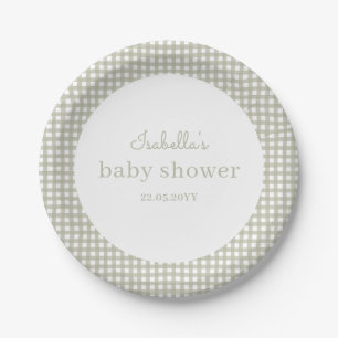 Modern Sage Green Gingham Baby Shower Paper Plate