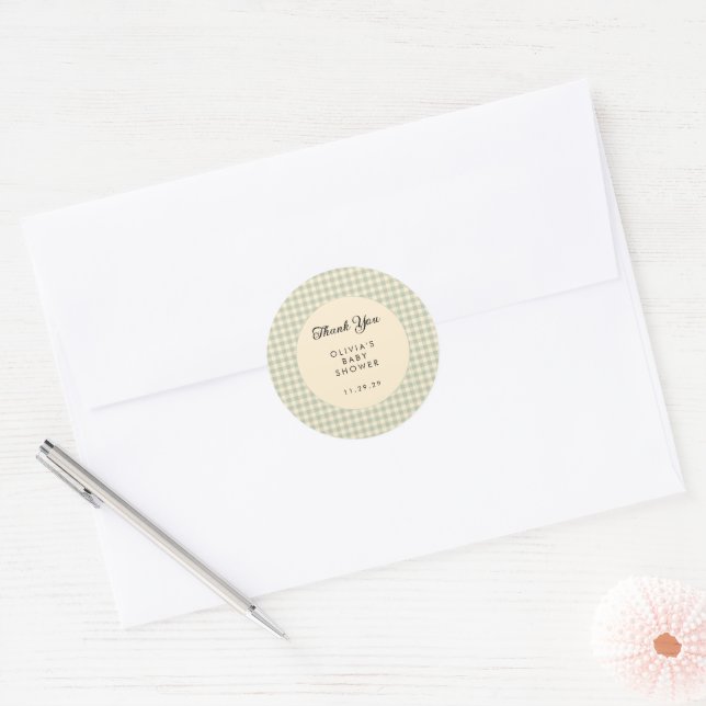 Modern Sage Green Gingham Baby Shower Thank You  Classic Round Sticker (Envelope)