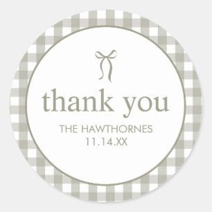 Modern Sage Green Gingham Baby Shower Thank You Classic Round Sticker