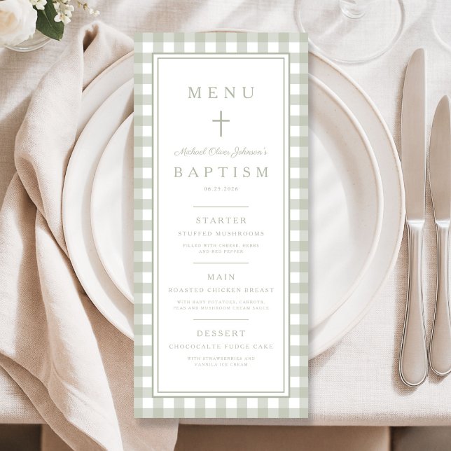 Modern Sage Green Gingham Boy Baptism Menu (Modern Sage Green Gingham Boy Baptism Menu)