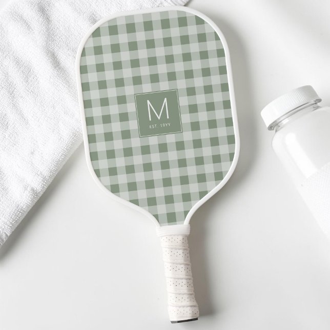 Modern Sage Green Gingham Monogram Established Est Pickleball Paddle (Modern Sage Green Gingham Monogram Established Est Pickleball Paddle)