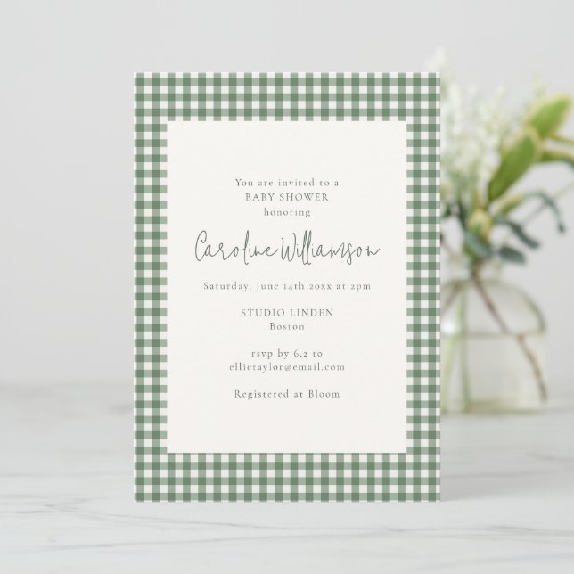 Modern Sage Green Gingham Plaid Baby Shower Invitation (Standing Front)