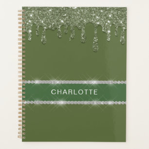 Modern Sage Green Glitter Drip Sparkling Diamond Planner