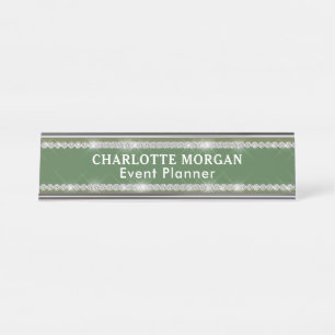 Modern Sage Green Glitter Sparkling Diamond Desk Name Plate
