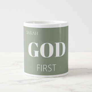 Modern Sage Green God First Faith Saying Slogan Large Coffee Mug