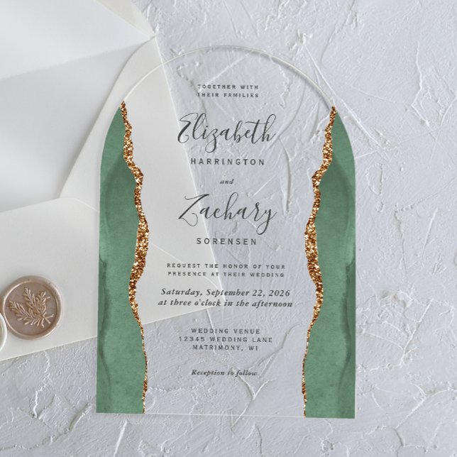Modern Sage Green Gold Agate Wedding Arch Acrylic Invitations (Creator Uploaded)