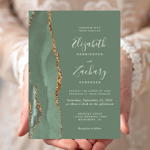 Modern Sage Green Gold Agate Wedding Invitation
