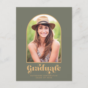 Modern Sage Green Gold Arch Photo Graduation Party Announcement Postcard