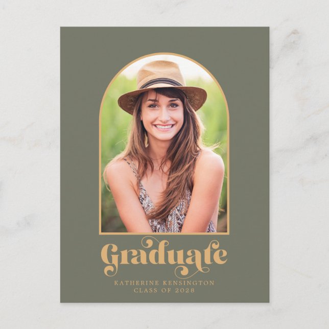 Modern Sage Green Gold Arch Photo Graduation Party Announcement Postcard (Front)