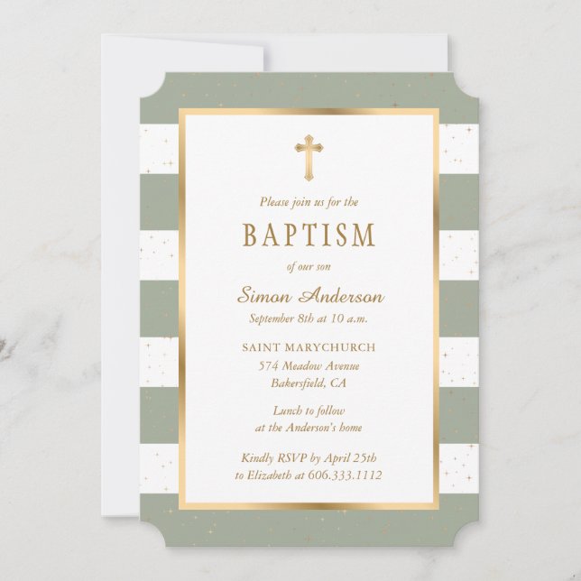 Modern Sage Green Gold Cross Stars Baptism Invitation (Front)